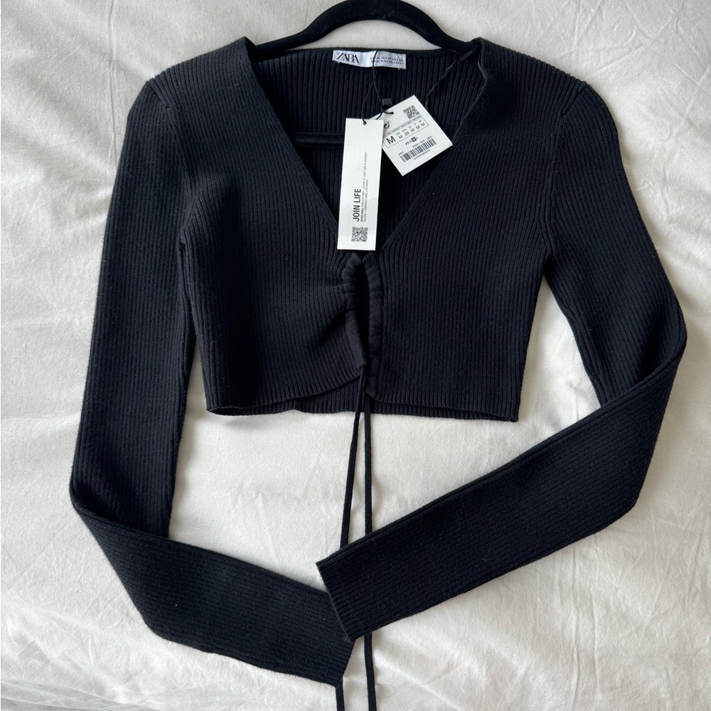 Zara Black Ribbed Crop Top with Tie